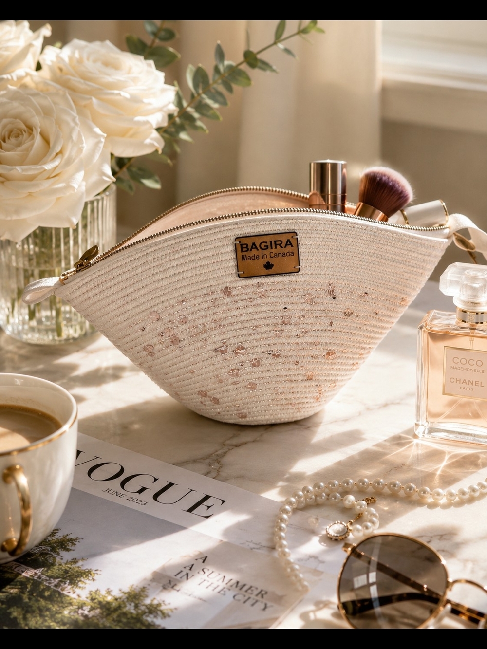 Cream Straw Cosmetic Bag with Rose Gold Accents, Makeup Bag